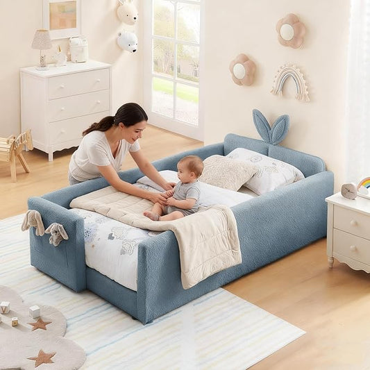 Twin Bed with Rails, Montessori Bed Frame for Toddlers, Boucle Upholstered Platform Bed with Rabbit Ear Headboard, for Kids & Teens, Blue