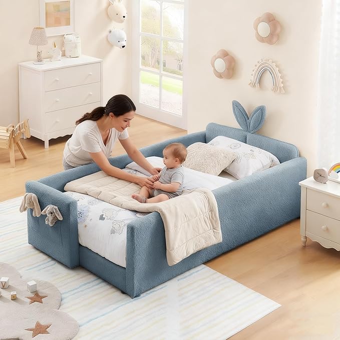 Twin Bed with Rails, Montessori Bed Frame for Toddlers, Boucle Upholstered Platform Bed with Rabbit Ear Headboard, for Kids & Teens, Blue