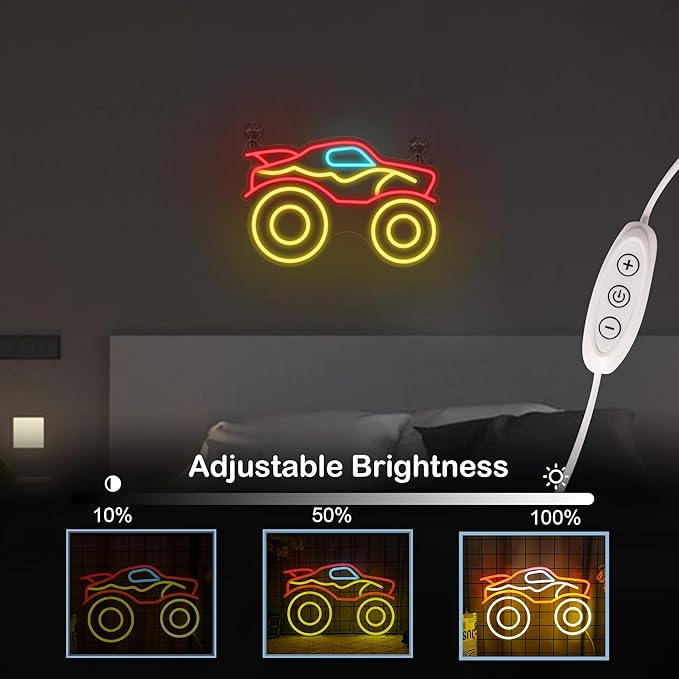 Monster Truck Neon Light, Dimmable LED Truck Neon Wall Sign USB Powered with 4-Color Lights, for Bedroom Living Room Game Room Man Cave Home Birthday Gift for Boys Men