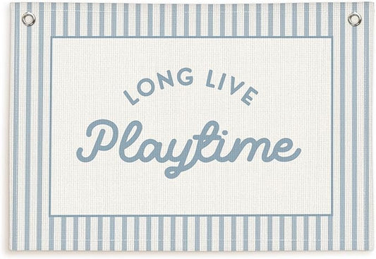 Lacama Blue Long Live Playtime Boys Room Playroom Decor, Boy Nursery Play Room Wall Decor, Linen Banner Wall Hanging Canvas Flag Decors for Toddler Boy Rooms Nursery 30x20 Inch