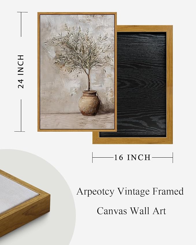 ARPEOTCY Vintage Framed Canvas Wall Art, 16x24 Inch, Large Classic Olive Tree in Vessel Prints for Home Decor, Botanical Still Life Paintings Hanging Wall Art for Bedroom, Living Room, Office