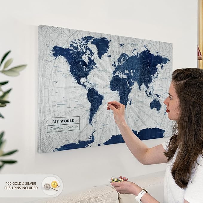 ElephantStock - My World Push Pin Map V Wall Art - Horizontal Canvas Wall Art - Living Room Wall Decor - Unique Map Canvas Art - Gray And Blue Decor - 36" x 24"
