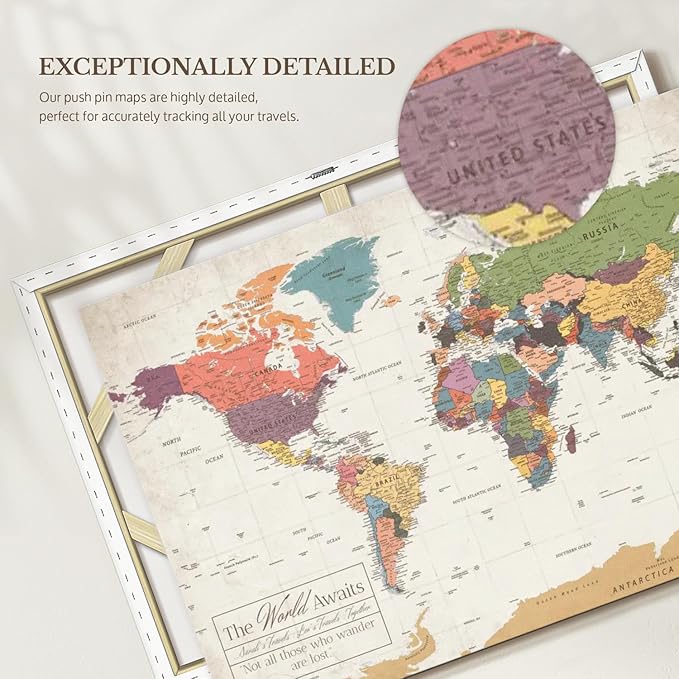 ElephantStock - Personalized World Awaits II Push Pin World Map Wall Art - Horizontal Canvas Wall Art - Living Room Wall Decor - Digital Art Map Canvas Art - Green And Beige Decor - 30" x 20"