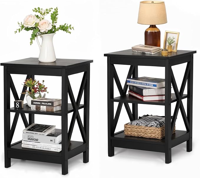 MAISON ARTS Black End Tables, Living Room End Tables Set of 2, Farmhouse Small Side Table, 3-Tier Modern Bed Side Table Nightstands for Bedroom