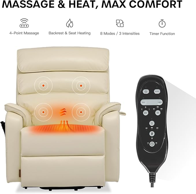 DYNOX 400 lbs Big & Tall Power Lift Recliner Chair for Elderly, Oversized Wide Dual Motor Lay Flat Infinite Positions Recliner with Heat and Massage(9298W,Faux Leather,Cream White)