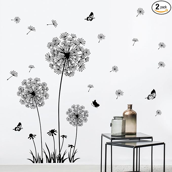 2 Sheets Dandelion Wildflower Wall Decals Art, Wall Art Stickers Peel and Stick Floral Butterflies Flying Decor for Girls Kids Women Baby Nursery Living Room Bedroom Bathroom Hallway Stairwell(Black)