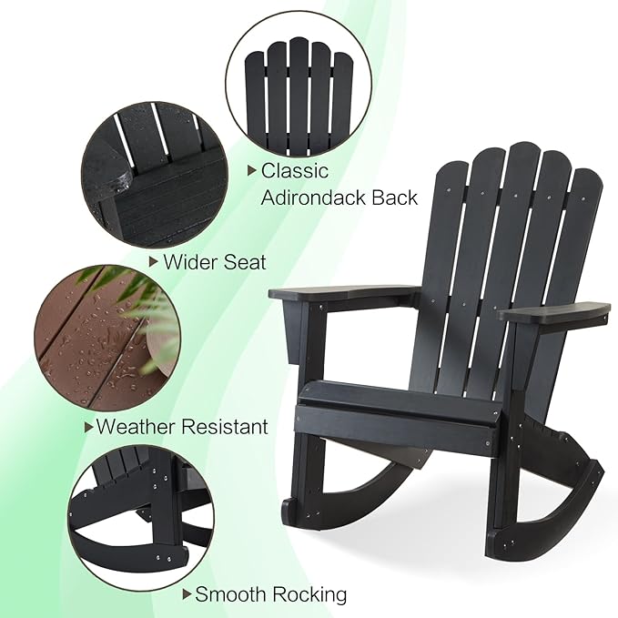 Psilvam Outdoor Adirondack Patio Rocking Chair, Poly Lumber Porch Rocker with High Back, Outdoor Rocking Chairs Set of 2 (Black)
