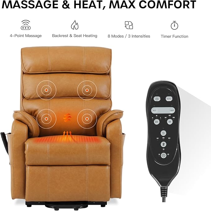 DYNOX 300 LBS Power Lift Recliner Chair for Elderly, Small Size Dual Motor Lay Flat Infinite Positions Recliner with Heat, Massage & USB Charging Port (9188S,Genuine Leather,Camel)