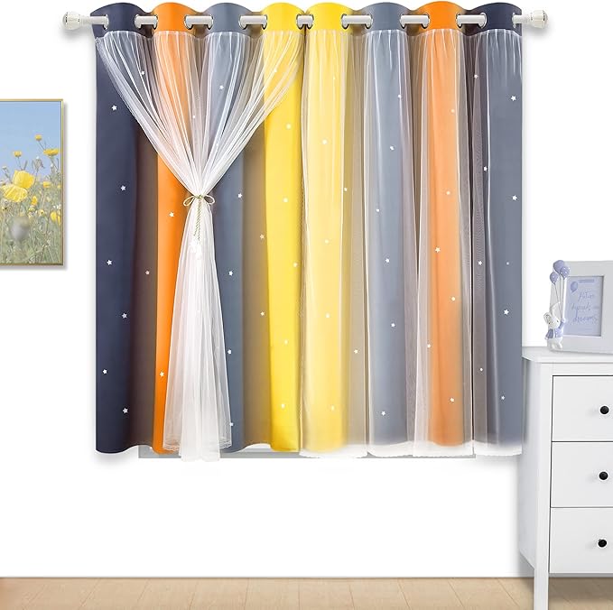 Kinryb Nursery/Kids/Girls Room Star Cut Out Blackout Rainbow Curtain with Sheer Overlay 2 Panels, Each 52 inch Wide,63 inch Length with White Gauze,Ombre Stripe Rainbow Curtains (2 Panels,52x63 Inch)
