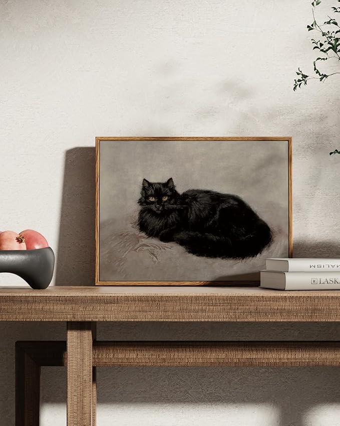 ARPEOTCY Vintage Framed Canvas Wall Art, 12x16inch, Black Cat Artworks, Modern Animal Oil Paintings Decor, Retro Classical Prints Hanging Wall Decor for Bathroom Living Room Bedroom Office
