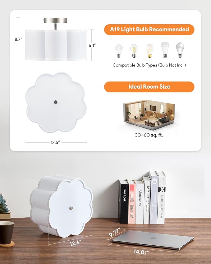 VONLUCE Semi-Flush Mount Ceiling Light, 12.6" Modern 3-Light Ceiling Light Fixture with White Petal-Shaped Shade 3 E26 Sockets for Bedroom Entryway Living Room, Nickel Finish, ETL Certificated