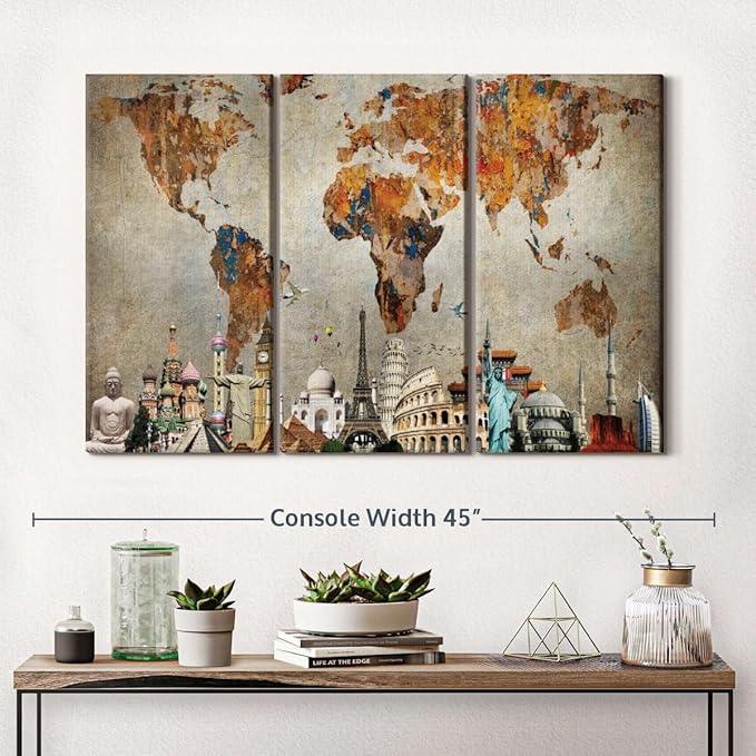 ElephantStock Rusty World Map Multi Piece Canvas - 3 Piece Canvas World Map Wall Decor - Wall Decor, Ready-to-Hang Vintage Wall Art - 38" X 24"