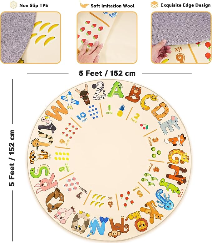 Kids Rugs for Playroom, 5'x5' Round Educational Rug for Learn The ABC Alphabet, Soft Machine Washable Non-Slip Cute Animal Carpet for Classroom Toddler Nursery Kids Room Decor Mat, Beige