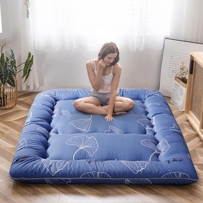 MAXYOYO Leaf Printed Japanese Futon Floor Mattress, Thicken Sleeping Pad Floor Bed Roll Up Camping Guest Mattress Folding Couch Bed, Twin Size