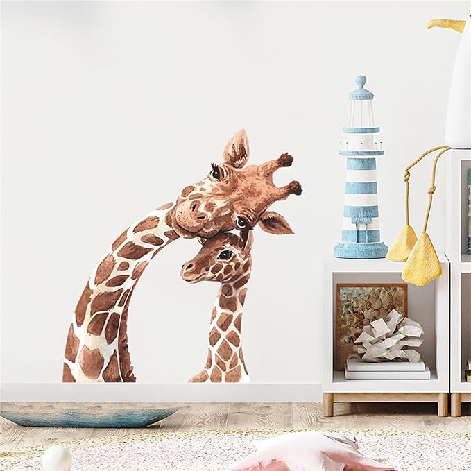ROFARSO Lifelike Cute Lovely Mother and Little Giraffe Animal Wall Sticker Removable Wall Decal Peel and Stick Wall Art Decoration Home Decor for Nursery Kid Baby Bedroom Living Room Playing Room