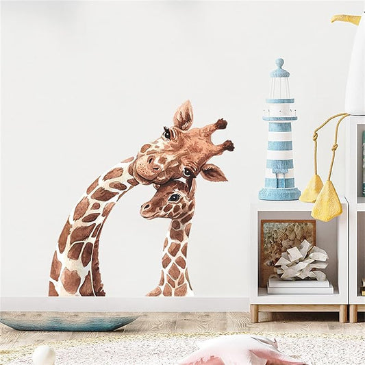 ROFARSO Lifelike Cute Lovely Mother and Little Giraffe Animal Wall Sticker Removable Wall Decal Peel and Stick Wall Art Decoration Home Decor for Nursery Kid Baby Bedroom Living Room Playing Room