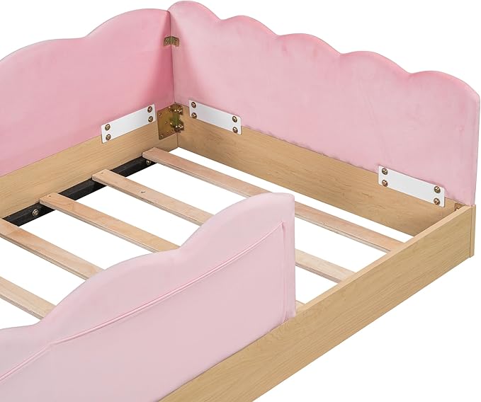 Twin Size Upholstered Platform Bed with Safety Guardrail and Cute Rabbit Ear Shaped Pillows, Velvet Fabric Montessori Kids Floor Bed with Pocket and Sturdy Slats Support (Pink-9.25)