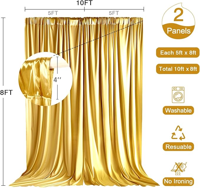10x8ft Wedding Curtains Gold Backdrop Curtain for Parties Wrinkle Free Curtain Panels Ceremony Party Home Drape Backdrop for Photography Props W5' x H8'2 Panels YUNBSDJ067