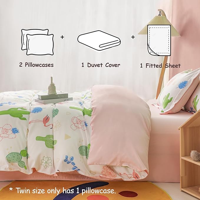 Simple&Opulence 100% Organic Cotton Duvet Cover for Kids Teens, 4 Pieces Soft Comforter Cover with Zipper Closure Warm Adorable Flamingo Bedding Set - Cactus, Full/Queen