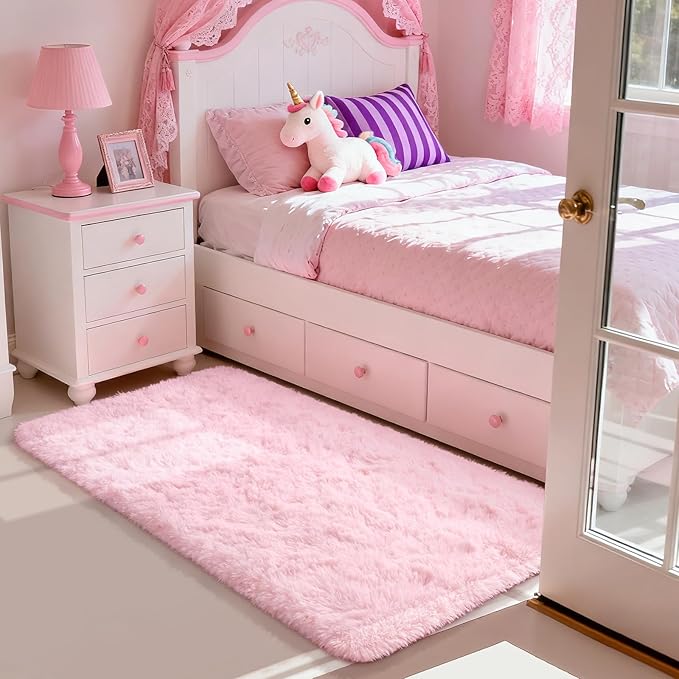 Merelax Soft Fluffy Rugs Pink Girls Bedroom Nursery Rug, 2x4 Small Shaggy Non-Slip Bedside Rug for Dorm Kids Room Carpet, Plush Furry Area Rugs Livingroom Accent Floor Indoor Holiday Decor