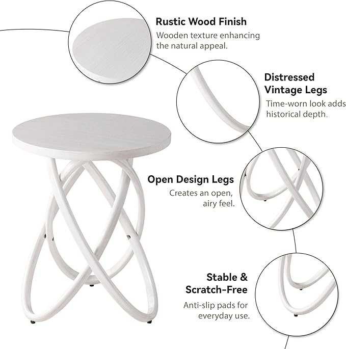 COZAYH Round End Table Farmhouse Wood Side Table Rustic Plant Stand with Intertwined Line Design for Living Room, Office, White