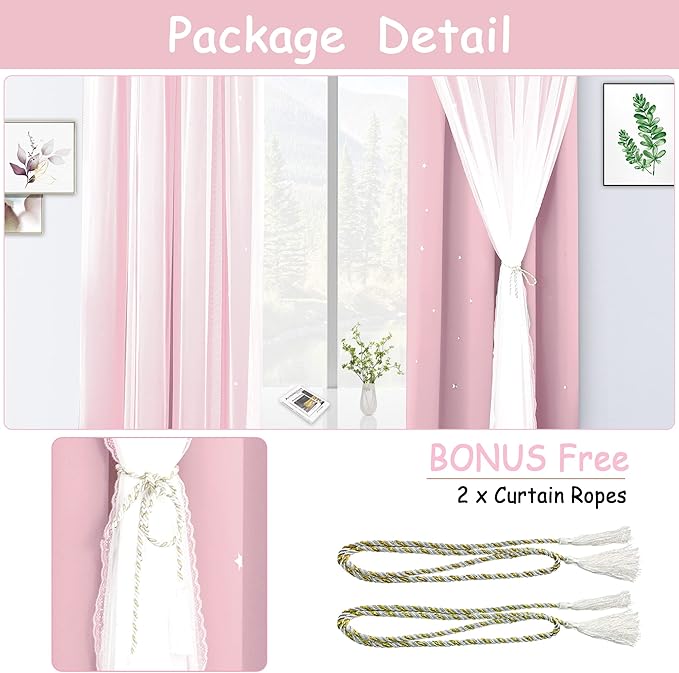 Kinryb Princess Curtains for Girls Bedroom with Sheer Overlay,Double Layer Curtain for Living Room with Star Cutout, Curtains for Kids Room (52 W*63 L Inches,2 Pcs Pink)