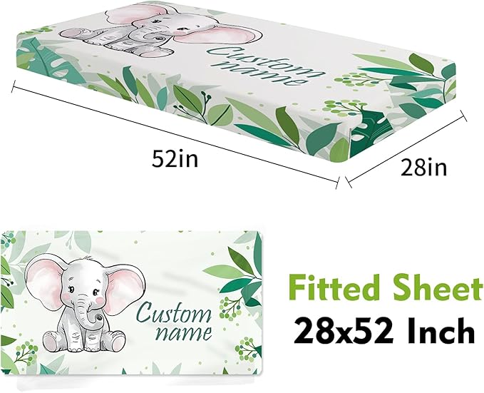 Personalized Crib Bedding Set for Boys Girls, Custom Baby Crib Sets with Name, Green Elephant Design Nursery Bedding 2 Piece - Soft Blanket with Double Layer Dotted Backing, Crib Fitted Sheet