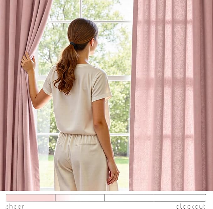 jinchan Pink Linen Blend Curtains 63 inch Length 2 Panels for Bedroom Living Room, Semi Sheer 50 inch Wide Farmhouse Cottage Core Style Drapes with Rod Pocket Back Tab(50W x 63L, Pink)