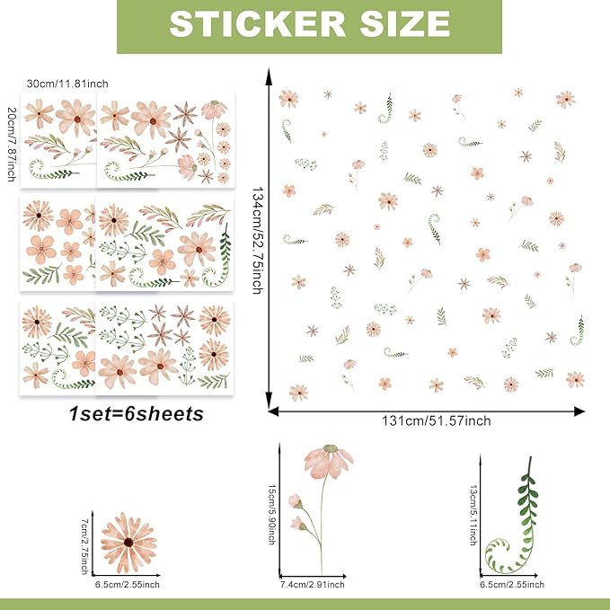 Boho Floral Wall Decals Watercolor Daisy Flower Wall Stickers Colorful Peel and Stick Botanical Decor for Nursery Girls Baby Room (11.81inch x 7.87inch, 6 Sheets)