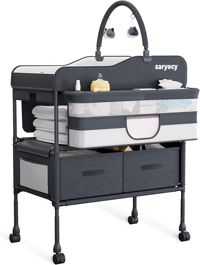 Baby Changing Table with Storage, Versatile Folding Changing Table, Baby Changing Station, Removable Wheels, 4 Adjustable Height, Waterproof, Mobile Nursery for Infant and Newborn