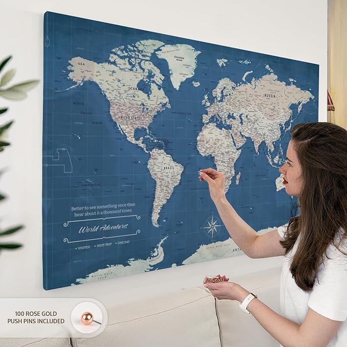 ElephantStock - World Adventures Push Pin Travel Map I Wall Art - Horizontal Canvas Wall Art - Living Room Wall Decor - Printmaking Map Canvas Art - Blue And Beige Decor - 51" x 34"