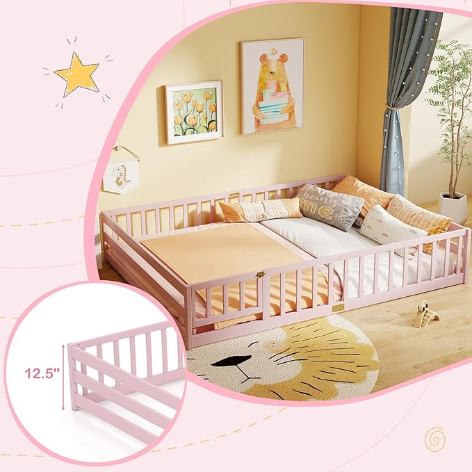 KOMFOTT Queen Size Wood Floor Bed with Door & Fence, Montessori Bed Frame with Full Length Safety Guardrails, Door & Latch, Wooden Montessori Floor Bed for Kids, Girls, Boys (Queen,Pink)