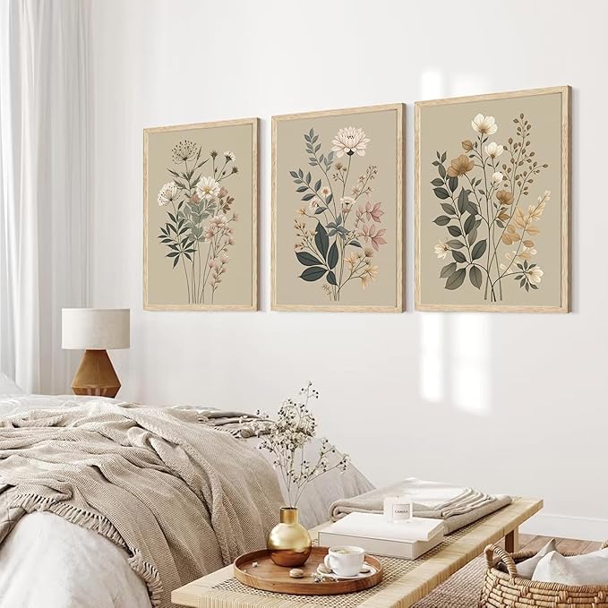 CHMMART 3 Piece Botanical Floral Framed Wall Art Vintage Flower Canvas Art Prints Wildflower Pictures Wall Decor Nature Painting Artwork for Living Room Bedroom Bathroom 16x20in