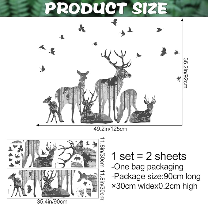 2 Sheets Forests Silhouette Animals Wall Decals Removable Wild Elk Tree Wall Decals Peel and Stick Vinyl Birds Wall Art Decor for Children Nursery Bedroom Living Room Wall Corner Decor