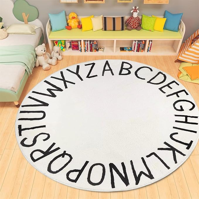 Round Alphabet Rug,6ft ABC Rugs for Kids Playroom,Boho Classroom Rug for Living Room, Bedroom, Machine Washable Soft Non Slip Non Shedding-White
