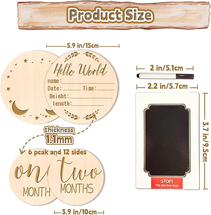 12PCS Baby Announcement Sign and Monthly Baby Milestone Set,Wooden Babys Monthly Milestone Classic Cursive Script, Hello World Newborn Sign with Ink Pad for Babys Photo Props