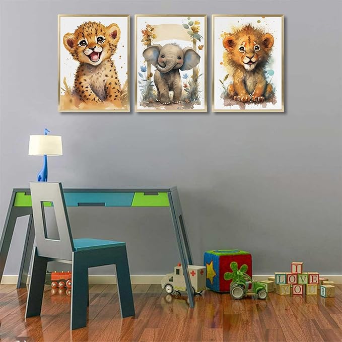 3Pcs Baby Safari Animal Wall Art Jungle Watercolor Animal Wall Decor Picture Painting Nursery Poster Prints Artwork for Boy Girl Room Home Decoration Unframed 16x24 In