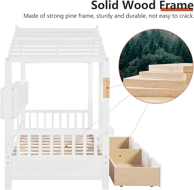 Twin Bed Frames for Kids, House Bed with Window and Fence, Wood Platform Bed Frame with Drawers and Shelves, Playhouse Bed for Boys Girls, White, 78" L x 42.7" W x 72" H