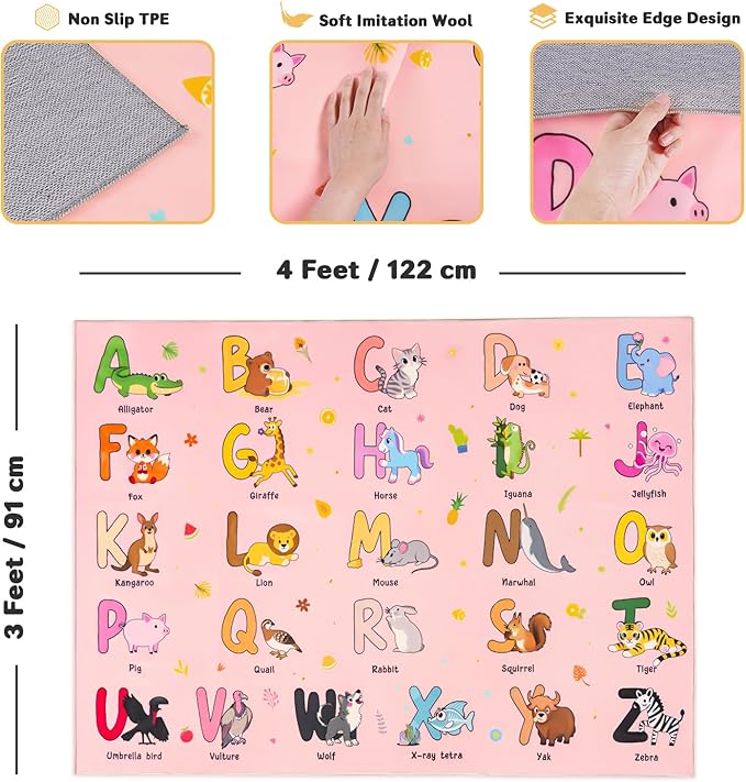 Kids Rugs for Playroom, 3x4 Feet Educational Rug for Learn The ABC Alphabet, Soft Machine Washable Non-Slip Cute Cartoon Animals Carpet for Classroom Toddler Nursery Kids Room Decor, Pink