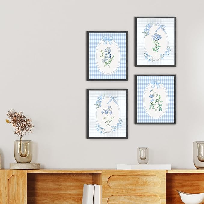 JINYO Preppy Coquette Blue Bow Flower Wall Art Prints Set of 4, Coquette Room Decor, Cottagecore Blue Wildflower Botanical Posters Pictures Wall Decor for Girls Bedroom Home, 8x10 Unframed