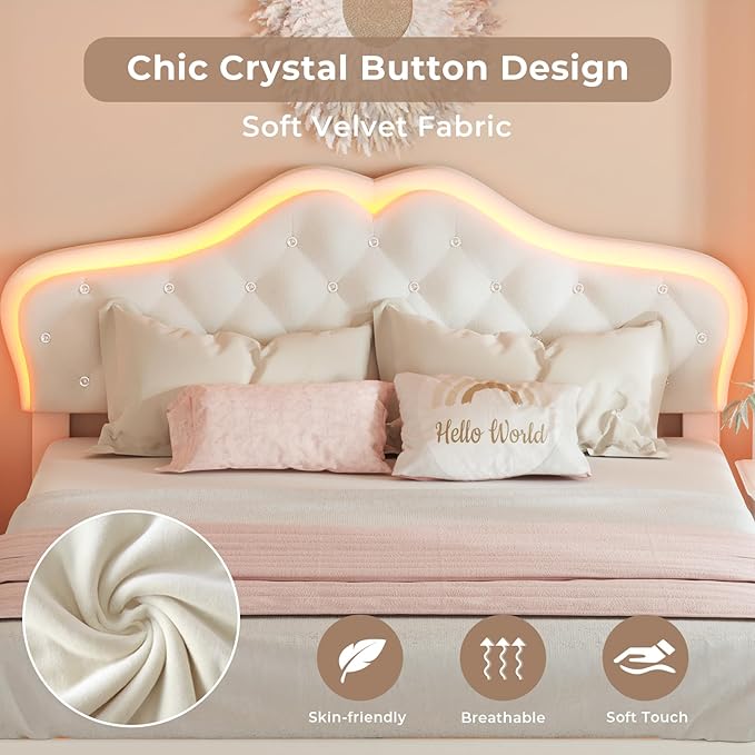 BTHFST Full Size Upholstered Bed Frame with LED Lights, Adjustable Headboard with Crystal Button, Princess Platform Bed for Girls, Solid Wood Slats Support, No Box Spring Needed, Beige