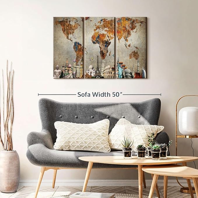 ElephantStock Rusty World Map Multi Piece Canvas - 3 Piece Canvas World Map Wall Decor - Wall Decor, Ready-to-Hang Vintage Wall Art - 38" X 24"