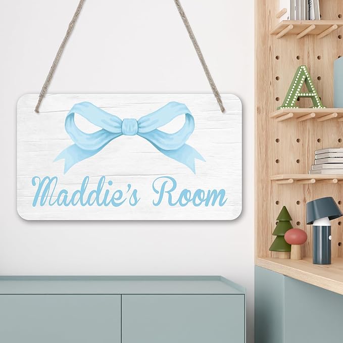 Personalized Blue Bow Kids Room Door Sign Custom Name Girls Boys Bedroom Decor Toddler Baby Nursery Wood Art Wall Plaque 12x6 Inches