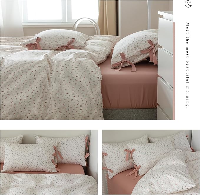 HighBuy Girl Duvet Cover Twin Botanical Flower Coquette Bedding Set Vintage Style Garden Floral Duvet Cover Twin with 2 Bowknot Bow Tie Pillowcases Boho Soft Cotton Comforter Cover with Zipper Ties