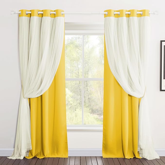 PONY DANCE Curtains 84 Inch Length - Double Layered Curtain Mix and Match Room Darkening Curtains with White Sheer Overlay Elegance Window Drapes for Kids Room with Tiebacks (One Pair, Lemon Yellow)