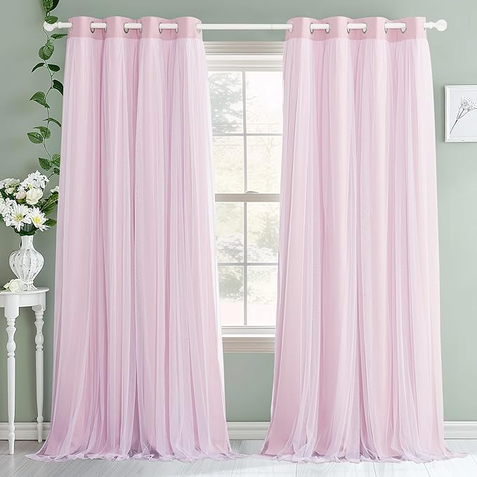 PONY DANCE Girls Blackout Curtains with Sheer Overlay Pink Double Layer Grommet Drapes Mix and Match with White Sheer Room Darkening Curtains for Nursery/Bedroom with Tiebacks (52x95, Set of 2 Panels)