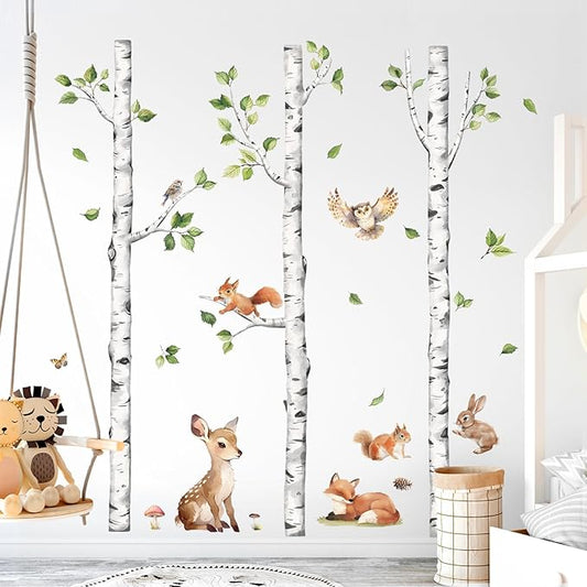 Tanlaby Large White Birch Tree Wall Decals Forest Animals Wall Stickers Woodland Trees Wall Decals Deer Fox Sticker Art Decor for Baby Nursery Boys Kids Toddler Bedroom Playroom Classroom