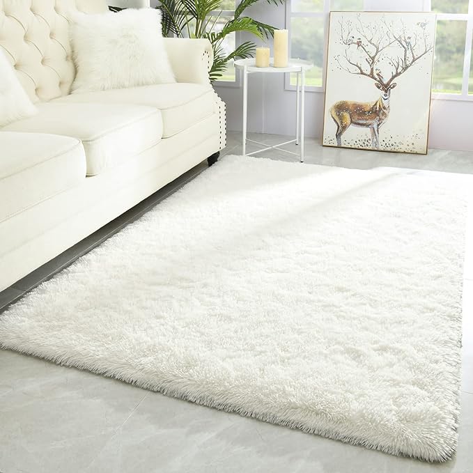 Merelax Modern Soft Fluffy Large Shaggy Rug for Bedroom Livingroom Dorm Kids Room Indoor Home Decorative, Non-Slip Plush Furry Fur Area Rugs Comfy Nursery Accent Floor Carpet 4'x6' Ivory