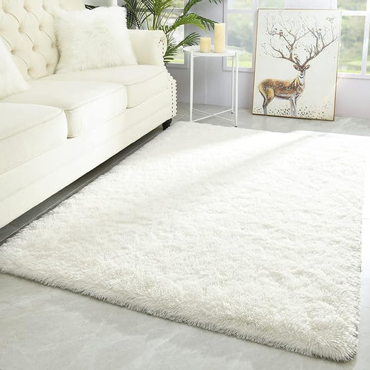 Merelax Modern Soft Fluffy Large Shaggy Rug for Bedroom Livingroom Dorm Kids Room Indoor Home Decorative, Non-Slip Plush Furry Fur Area Rugs Comfy Nursery Accent Floor Carpet 4'x6' Ivory
