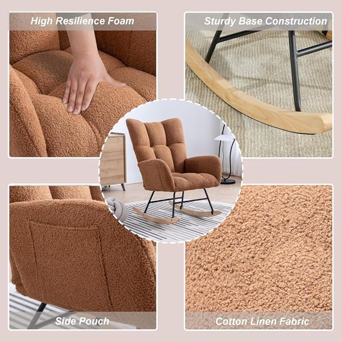 Nursery Rocking Chair Teddy Upholstered Glider Rocker Rocker Accent Chair with High Backrest Armchair Comfy Side Pocket Modern Rocking Accent Chairs for Living Room, Nursery, Office-Brown